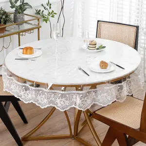 Clear Round Plastic Tablecloth Protector with Lace Around  Oil-Proof PVC Table Cloth Stain-Resistant Wipeable Table Cover for Round Table