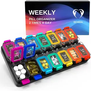 Large Weekly Pill Organizer 2 Times a Day – AM/PM Medicine Organizer with Thick Silicone Seal, Upgraded Secure Locks, Moisture-Proof Pill Box with Removable Rows for Travel, Fits Large Supplements