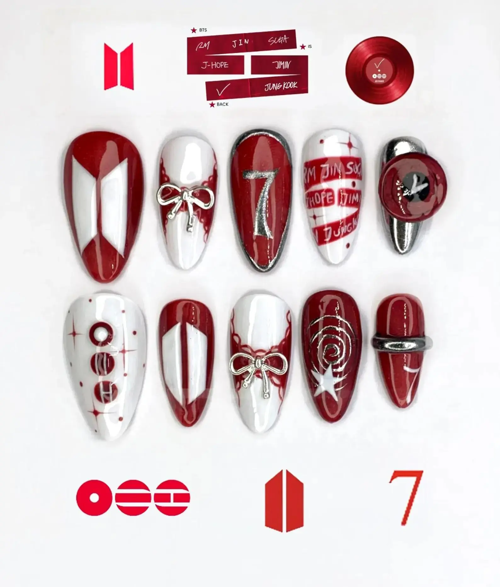 BTS Concert Press on Nails, Red and White Idol Fandom Fake Nails, Number 7 Custom Nail Art, 3D Silver Chrome Bow Nails, BTS Nails