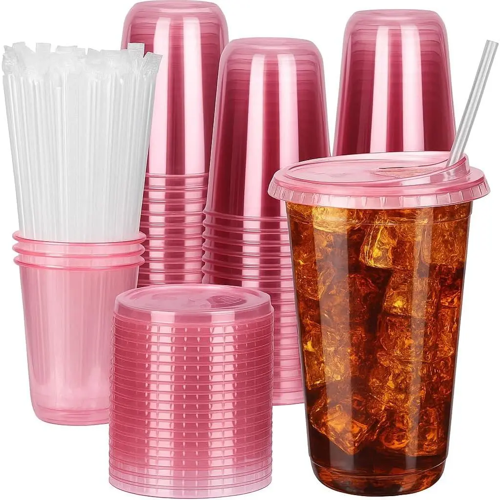 16 oz Disposable PET Individual Cups with Lids and Straws, 50-Set Clear Plastic Cups for Iced Coffee, Cold Drinks, Camping & Hiking (Pink)