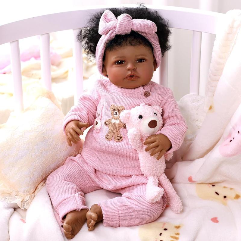 BABESIDE 20" Reborn Doll 8 Piece Set with Cloth Body & Vinyl Dark Skin Includes Gift Box Feeding Accessories Perfect for Christmas New Year Birthday Gift