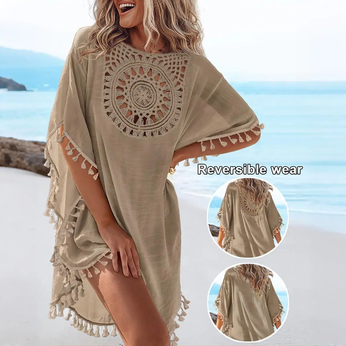CHICME Women's Women's Front & Back Reversible Beach Cover Up Crochet Lace Hollow Out Spliced Tassel Vacation Caftan Dress