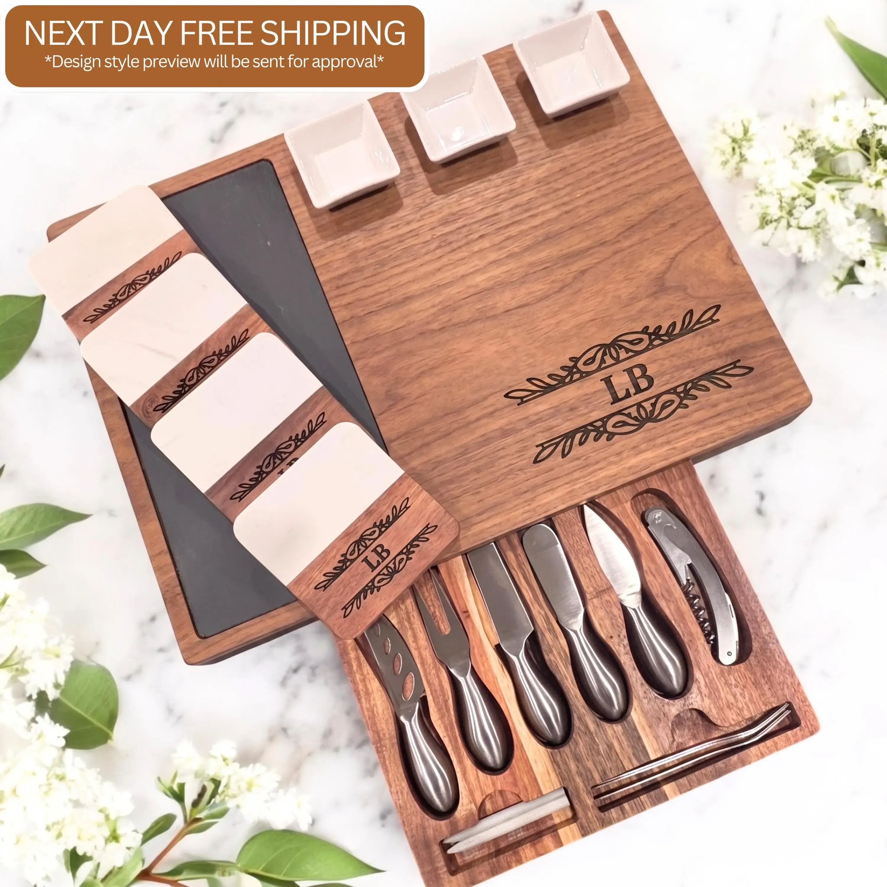 Personalized Engraved 17-Pc Ceramic Cheese Charcuterie Board Kit - 1 Large Kitchen Board, Slate, Stainless Steel Knives - Festive Gift for Housewarming, Wedding