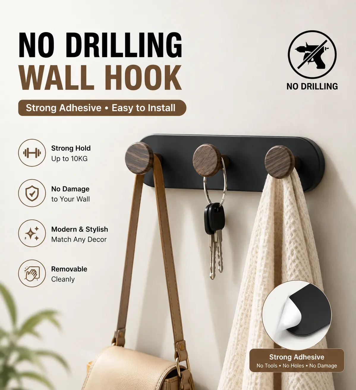 Aesthetic Walnut Round Wall Hooks, Wooden Wall Rack - Modern Home Decor Organizer, Towel & Coat Hooks for Minimal Spaces, Vacuum-Waterproof TikTok Home Upgrade, Towel Organizer