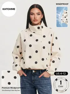 Katch Me Chic Women's Casual Polka Dot Double-Breasted Trench Coat, Versatile Stand Collar Stretch Hem Windproof Bomber Jacket, Durable Loose Outfits, Light Warmth Outerwear #TikTokMadeMeBuyIt #ComfyOutfit #Windbreaker #StreetStyle