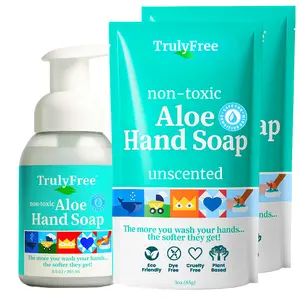 Truly Free Aloe Unscented Hand Soap - 10x Concentrated Aloe Vera, Non-Drying Gentle Cleanser - Bathroom Hand Soap - 1 Empty Bottle with Foaming Dispenser Pump + 2 Moisturizing Hand Soap Refill Pouches