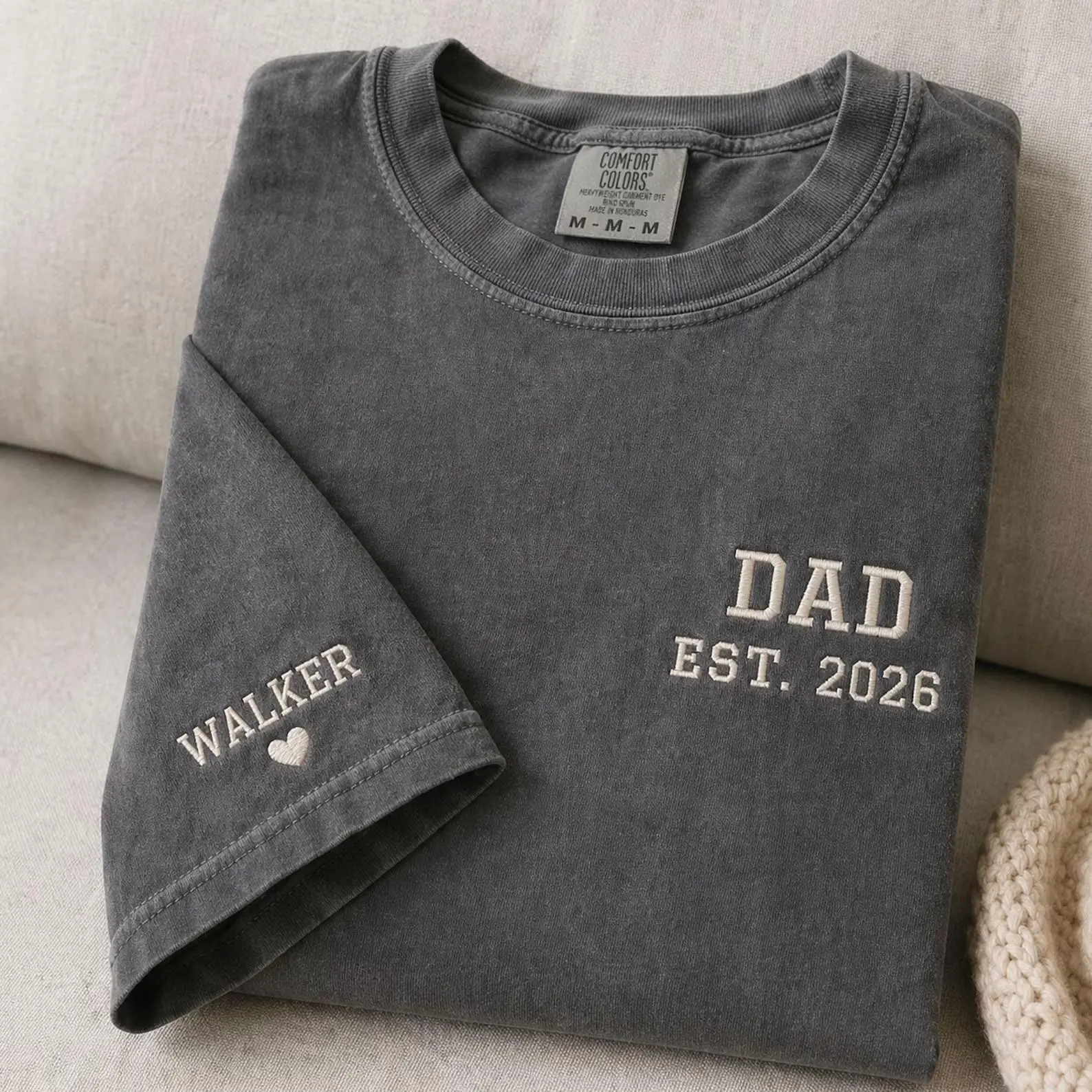 Custom Embroidered Dad Est 2026 Shirt | Comfort Colors Personalized Name on Sleeve Tee | Custom Father's Day Gift, New Dad Gift
