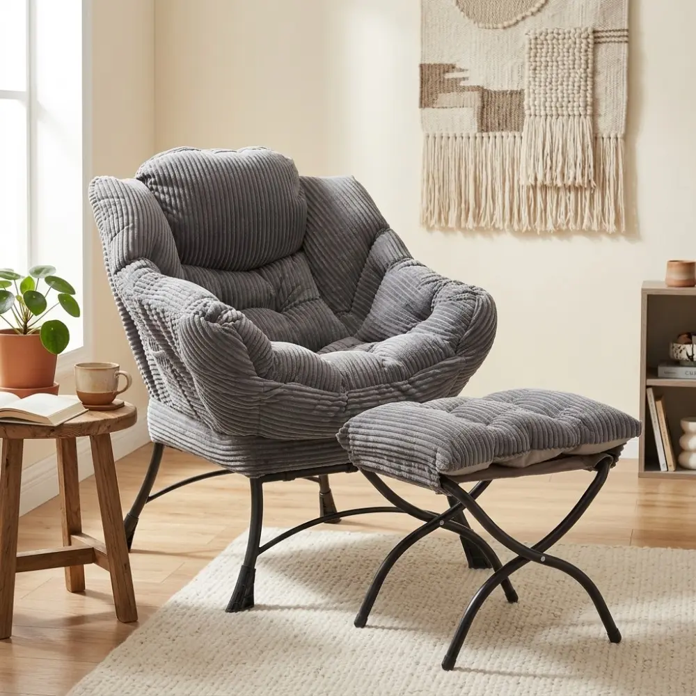 Littleox Lazy Chair with Ottoman, Modern Lounge Accent Chair with Armrests and a Side Pocket, Leisure Upholstered Sofa Chair Reading Chair with Footrest for Small Space, Corner Chair-Grey