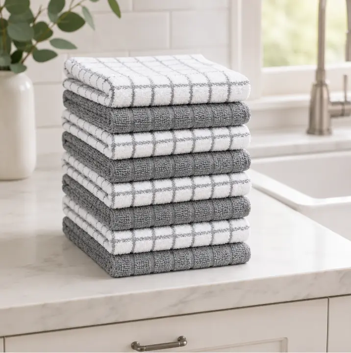 100% Cotton Dish Cloths, 8 Pack 12 x 12 Inch Kitchen Towels, 405 GSM Soft Absorbent Cleaning Cloths, Gray