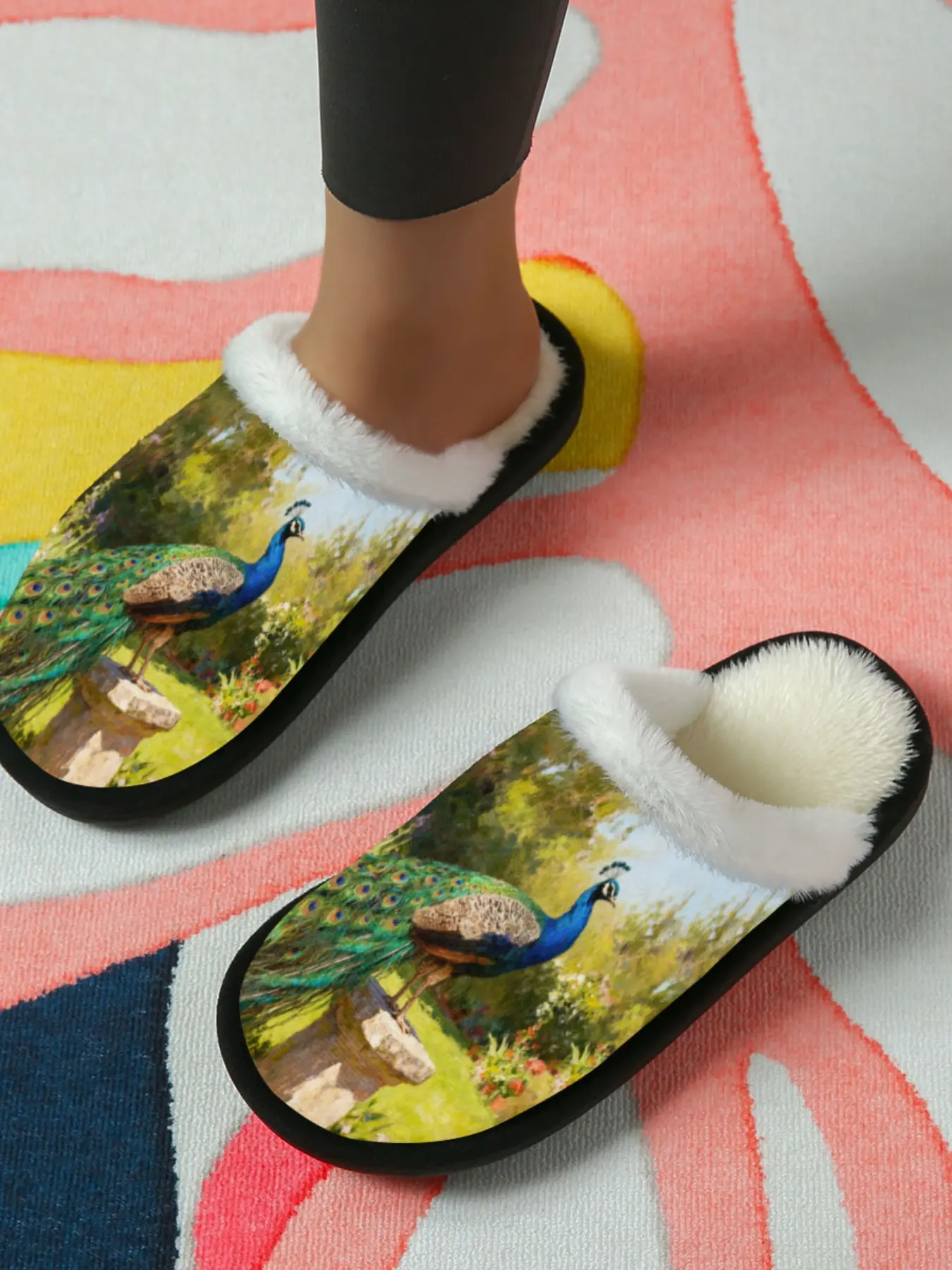 Realistic Peacock Printed Cotton Slippers, Elegant Natural Style, Fuzzy Lined Anti-Slip Thick Sole, Home Use Men Women Fall Winter Warm Shoes