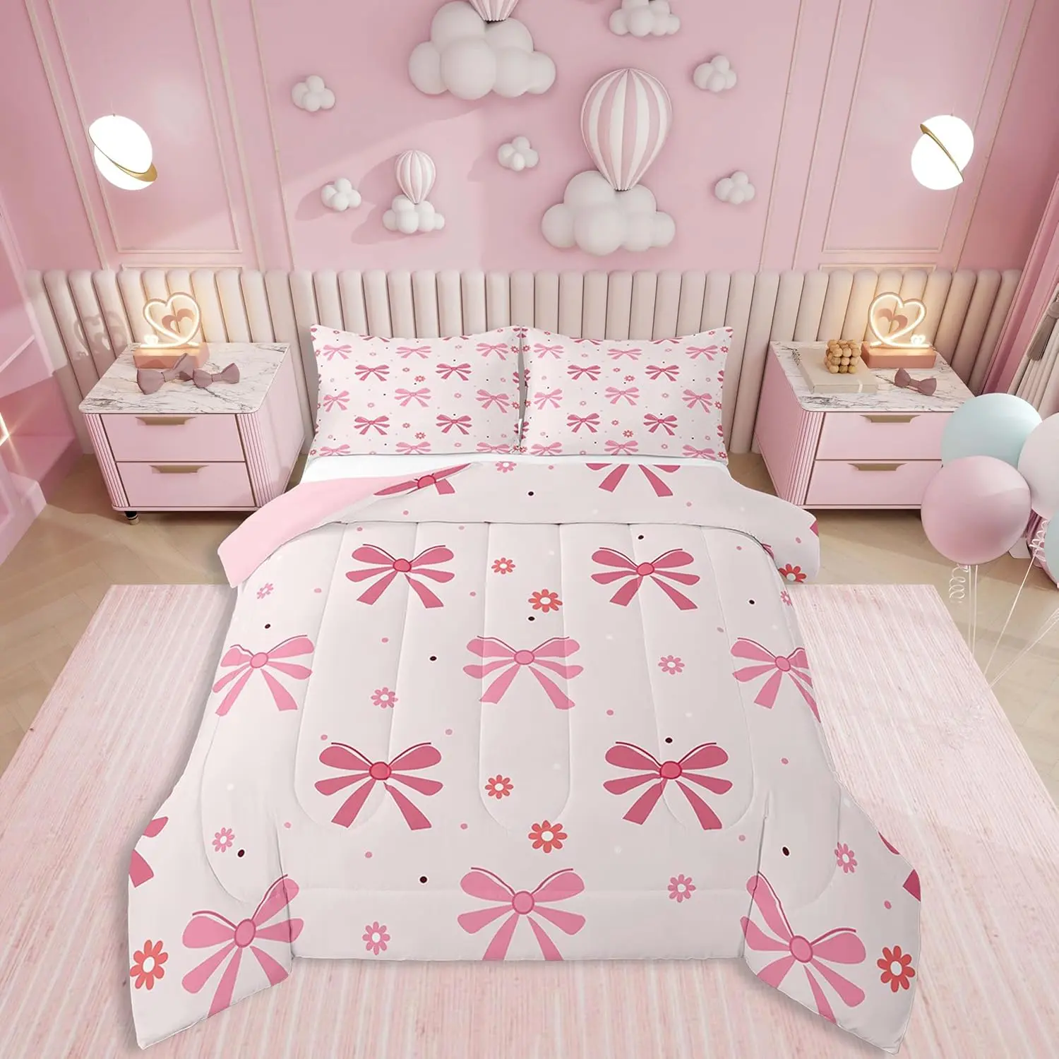 Feelyou Twin Bedding Set - Groovy Vintage Floral Bow-Motif Comforter, Ribbon-Knotted Duvet, Cartoon Butterfly Tie Quilt for Girls, Multi-Size, Travel-Friendly