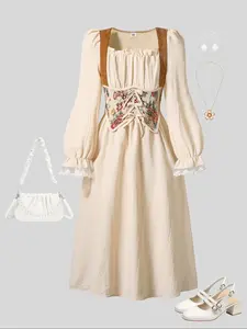 Elegant Girls' Floral Print Long Sleeve Dress, Lace Trimmed Ruffle Details, Bow Decoration, Perfect for Daily Wear & Parties