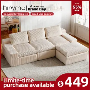 HipyMo 106‘’ L-Shaped Plush Corduroy Cloud Velvet Sectional Sofa, 0-Assembly Modular Boneless Couch, Ultimate Comfort & Custom Layouts for Living Room