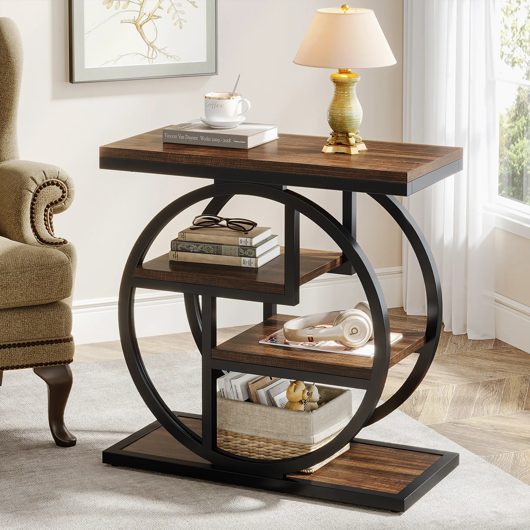 LITTLE TREE End Table for Living Room, 4-Tier Narrow Side Table with Storage Shelves, Industrial Bedside Table for Bedroom, Wood Small Sofa Side Table with Geometric Metal Frame