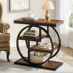 LITTLE TREE End Table for Living Room, 4-Tier Narrow Side Table with Storage Shelves, Industrial Bedside Table for Bedroom, Wood Small Sofa Side Table with Geometric Metal Frame