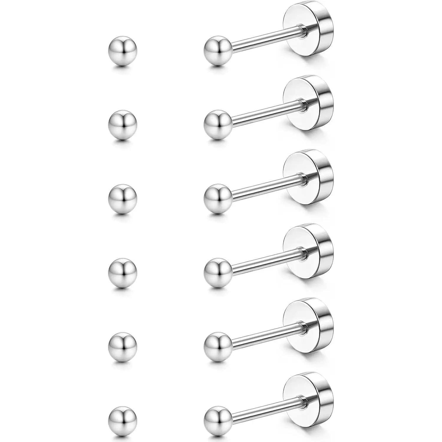 YADOCA G23 Titanium Flat Back Earrings for Women Men Hypoallergenic Opal CZ Ball Tiny Studs Earrings Set for Multiple Piercings Cartilage Helix Tragus Flatback Earrings 6 Pairs 2mm/4mm