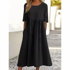 Women's Oversized Cotton Linen Dress Casual Half Sleeve Crewneck Flowy Midi Smock Dresses with Pockets Plus Size S-5XL