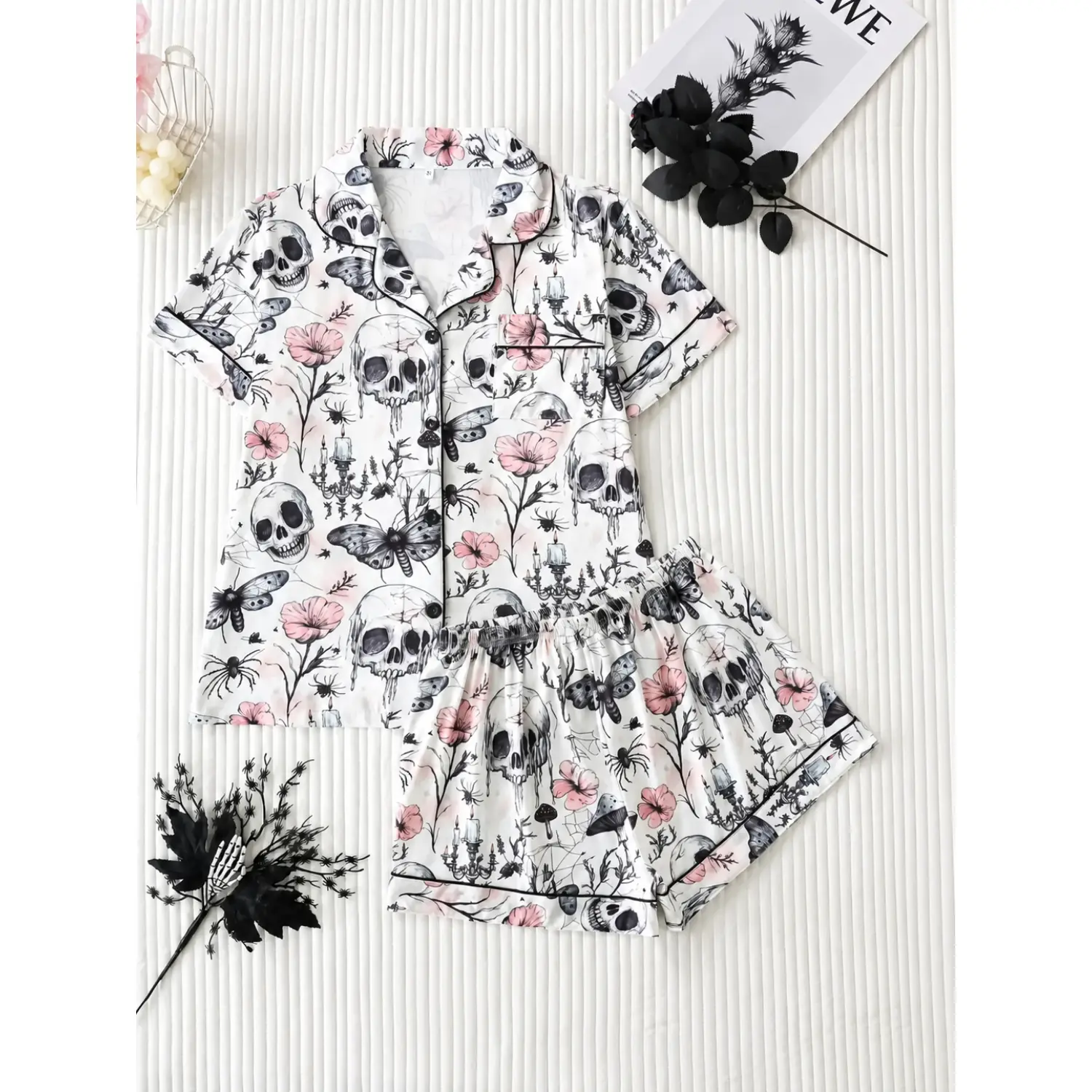 Women's Skull Floral Print Halloween Pajama Set - Collared Button Short Sleeve Top & Loose Shorts Loungewear