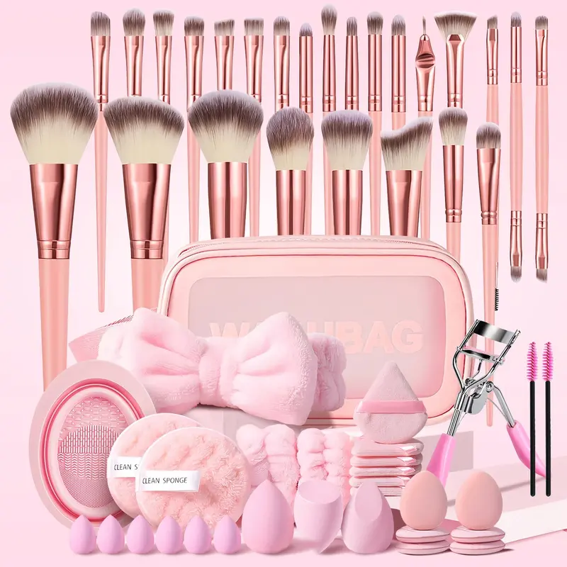 56Pcs Premium Makeup Brush Kit for All Skin Types, Includes 25Pcs Pink Beauty Brushes, Makeup Storage Bag, Sponges, Cleaner, Powder Puff & Finger Puffs, Eye Beauty Tools, Hairband, Wristbands