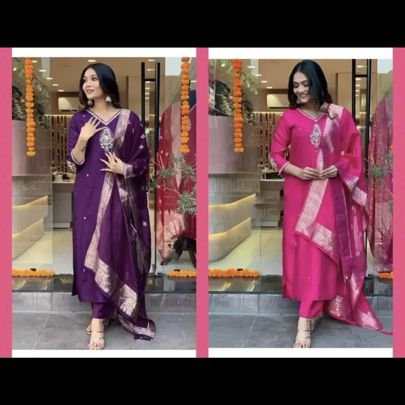 INDIAN GORGEOUS CHANDERI SILK EMBROIDERY WORK TOP BOTTOM WITH DUPATTA SIZE 40