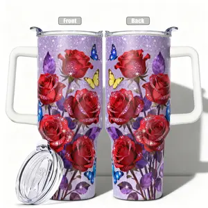 1pc, 40oz/30oz/20oz/14oz Stainless Steel Cup Glittering Red Roses and Butterflies Double Wall Vacuum Insulated Cup, Leakproof Lid & Carry Handle Travel Mug for Outdoor Camping Hiking, Tumbler, Gift for Da
