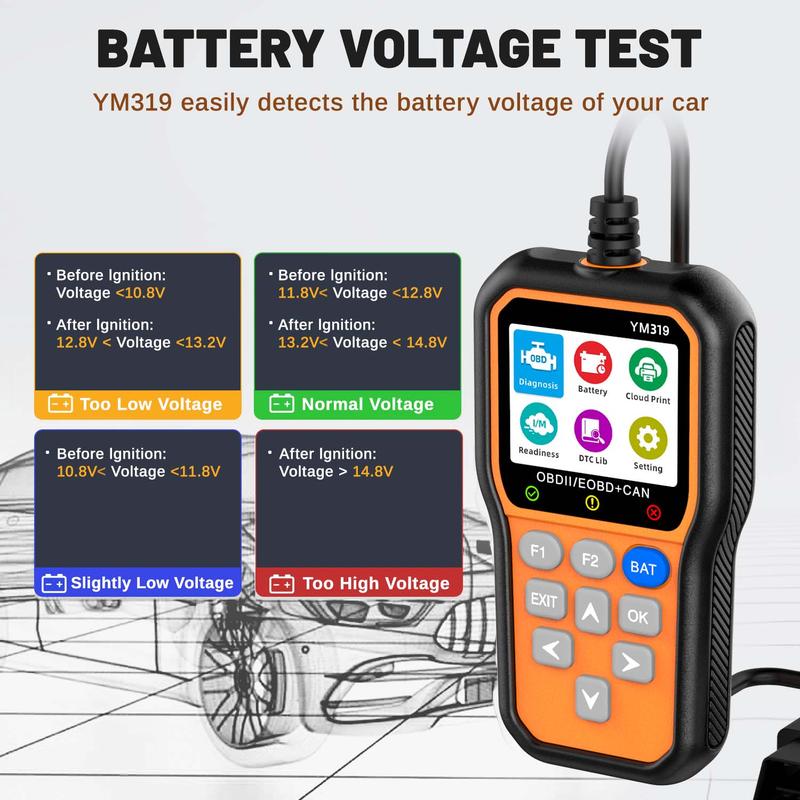 This Hill OBD2 Scanner Diagnose Tool - Battery Tester 2 in 1, Read/Clear Car Check Engine Light Code Reader - OBDII Scan Tool & Battery Charging Component Test
