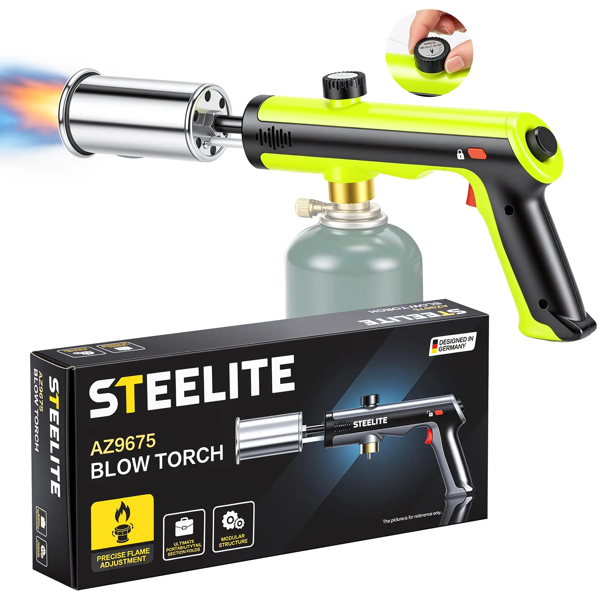 STEELITE Propane Torch Gun with One-Touch Max Fire & Safety Lock – Adjustable Flamethrower for Sous Vide Searing, BBQ Grilling, Fireplace Starting, and Charcoal Lighting (Tank Not Included)