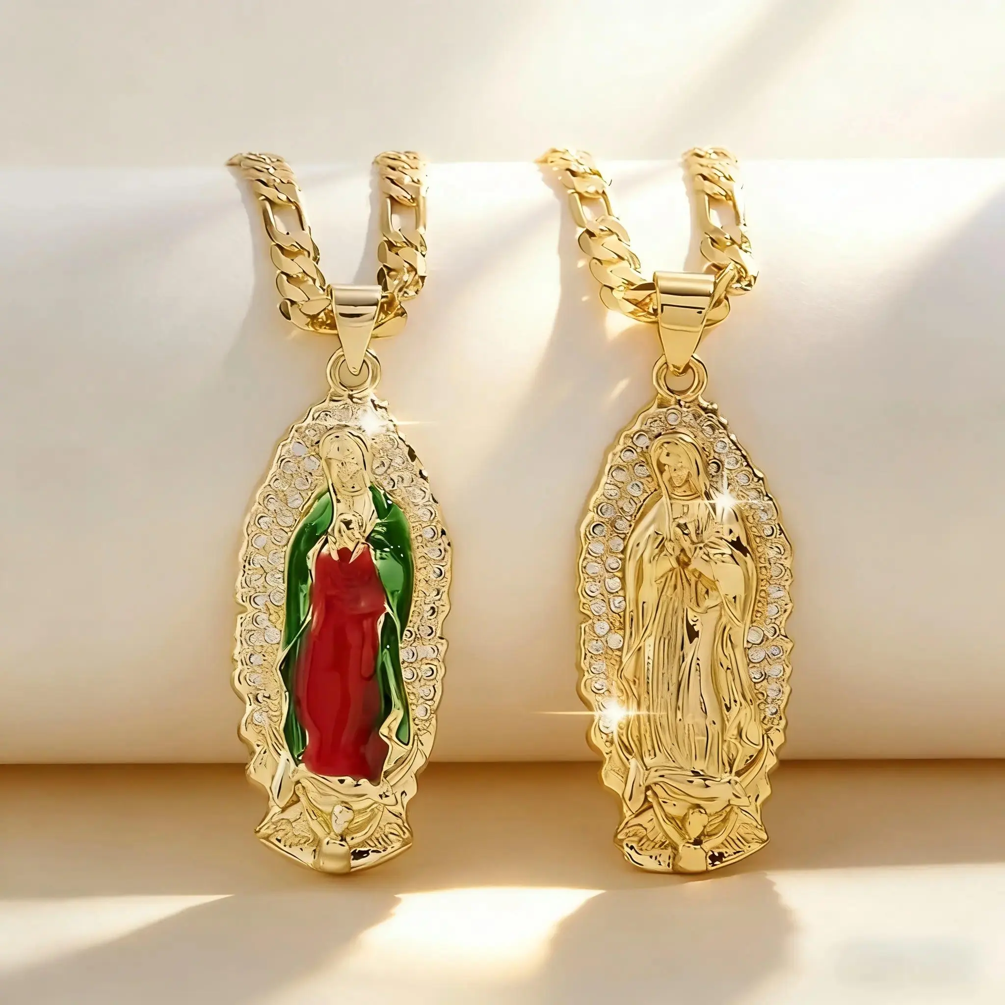 14K Gold Plated Guadalupe Faith Motif Pendant Necklace, Unisex Adults' Fashion Accessory, Mothers Day Gift for Women