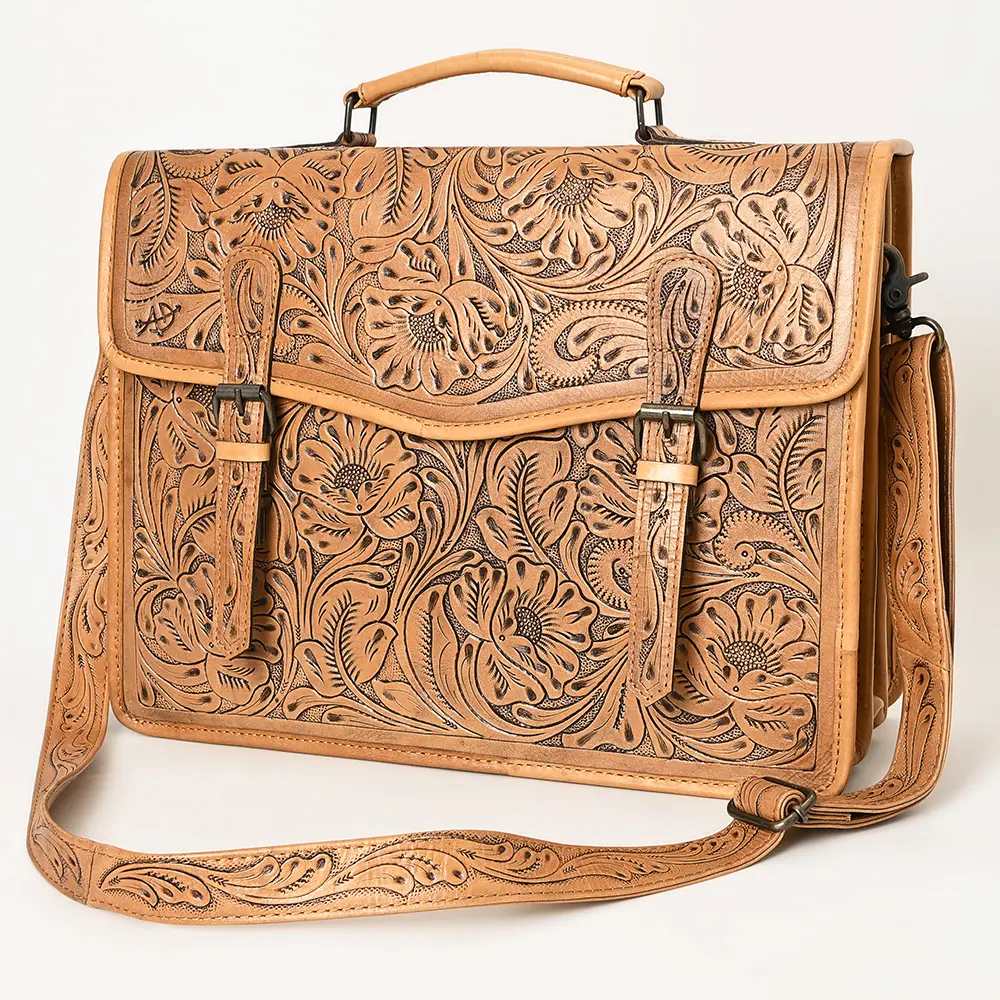 American Darling Western Hand-Tooled Genuine Leather Briefcase Bag with Floral Carving – Durable Work & Travel Organizer