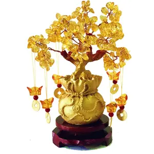 Feng Shui Citrine Money Tree and Crystal Faucet Tree - Chinese Dragon Fortune Gift (Gold)