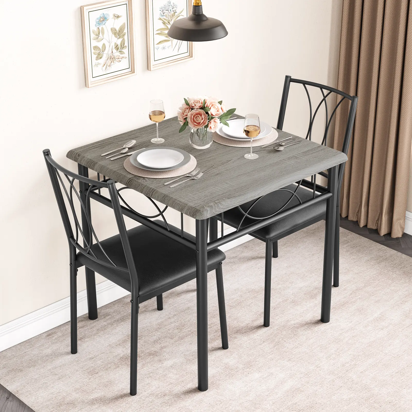 Dining Table Set for 2, Kitchen Table and Chairs for 2, Square Kitchen Table Set with Upholstered Chairs, Dining Room Table Set for Small Space, Apartment, Dinner, Retro Gray