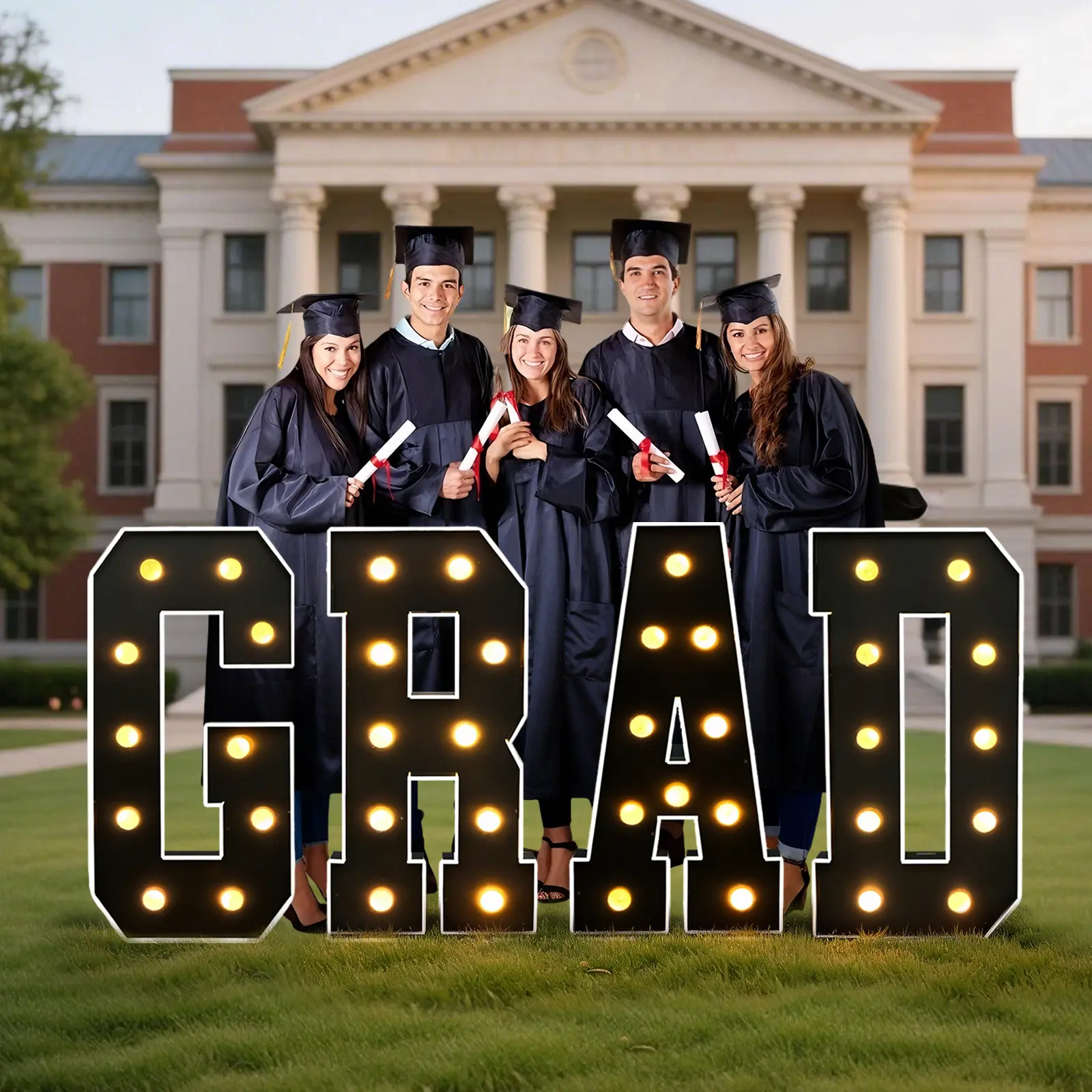 4ft illuminated frame letter sign, featuring GRAD large luminous words, emitting both cool white and warm white light, making it an ideal decoration for graduation parties, graduation season, and graduation anniversary parties