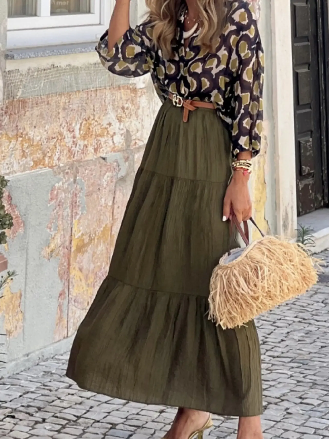 knee length dresses for ladies Vintage 90s Olive Green Military Style Midi Shirtdress main image 0
