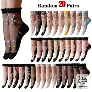 5/10/20 Double Spring and Summer Thin Breathable Crystal Silk Glass Silk Jacquard Women's Middle Socks, Sharing Beautiful Gifts with Family and Friends, Multiple Patterns To Choose From, Cute and Comfortable To Wear