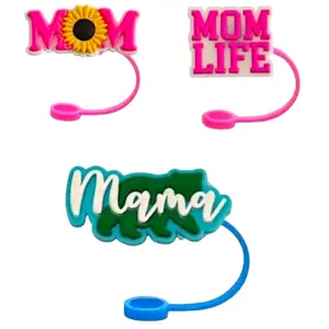 MOM Silicone Drinking Straw Toppers 3pc Reusable Stylish Tumbler Mugs Covers for Mom's 15-40oz Drinks Secure Durable Drinkware High-Quality Silicone Everyday Use Gift for Moms - Bottles