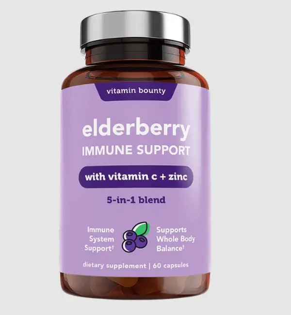 Vitamin Bounty Elderberry Immune Support Dietary Supplement Capsules - 2-Pack 5-in-1 Blend with Zinc, Vitamin C, Echinacea, Garlic - Antioxidant Support, Whole Body Balance
