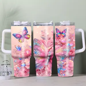 Juliu Butterfly & Floral 40OZ Insulated Tumbler with Handle & Detachable Straw | 304 Stainless Steel | Long-Lasting Insulation | Leak-Proof Lid | Ideal for Nature Lovers & Daily Use | TikTok Hot Item | Portable & Stylish Drinkware