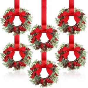 6 Piece Mini Christmas Wreath Set with Berries Pinecones and Ribbon Bow, Realistic Leaf Door Window Cabinet Decor, Easy Hang Outdoor Indoor