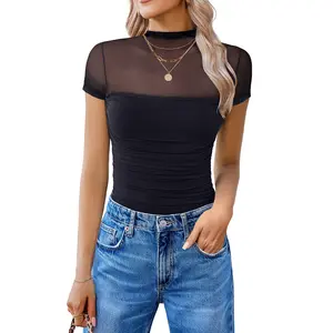 Avidlove Women's Black Short Sleeve Bodysuit Turtle Neck Mesh Ruched One Piece Leotard Summer Outfit Basic Elegant Corset Style Soft Sheer Slim Fit Tops - Matching Minimalist Minimalist Shortsleeve SpringStatements