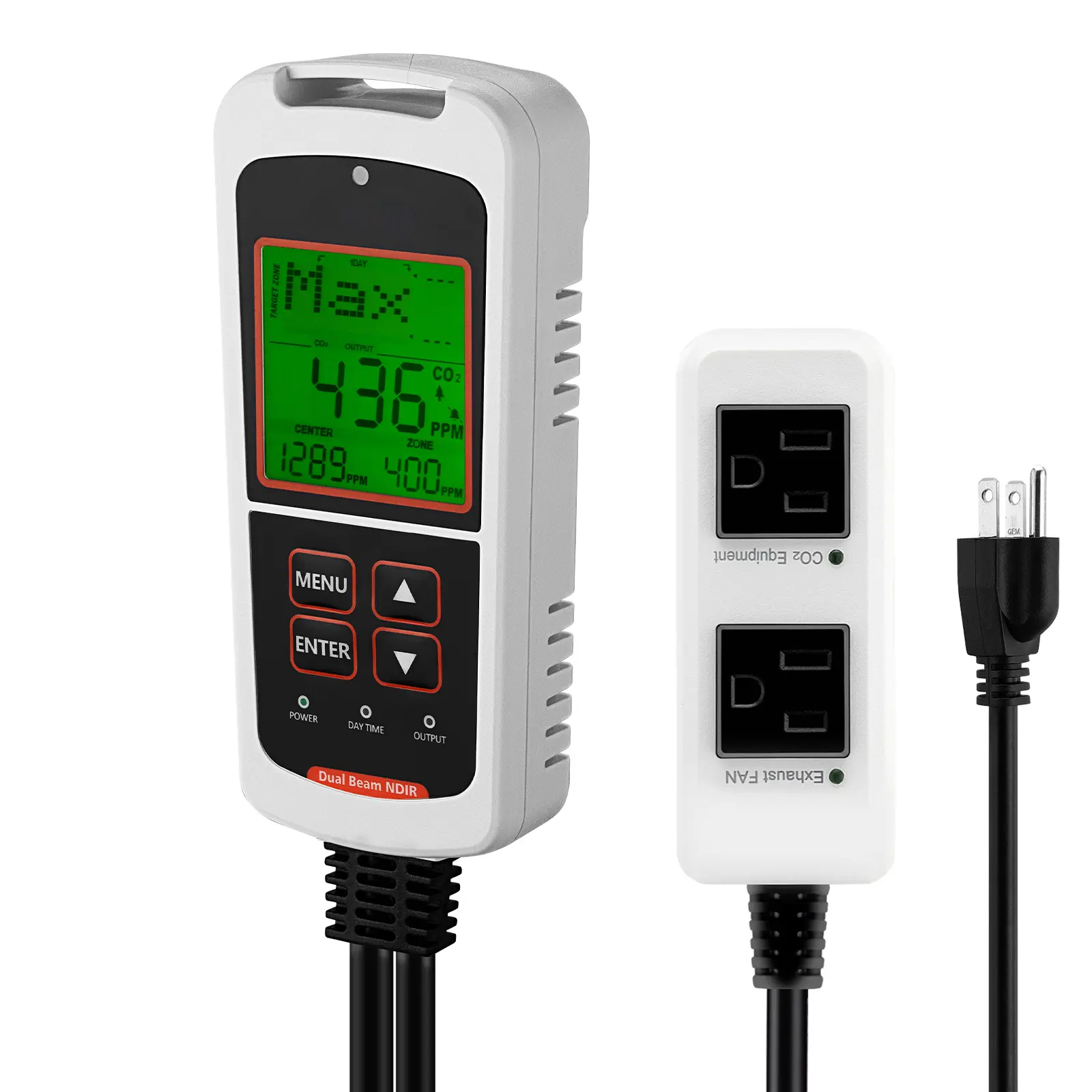 Carbon Dioxide Monitoring Controller, Dual Outlets CO2 Monitor & Controller, Carbon Dioxide Sensor Day and Night Detection Feature, NDIR CO2 Sensor for Greenhouse, Laboratories, Classrooms, Home