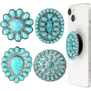 4 Pieces Turquoise Western Phone Charm Teardrop Flower for Holder Ring Expandable Collapsible Phone Stand for Smartphones and Tablets(Classic Style)