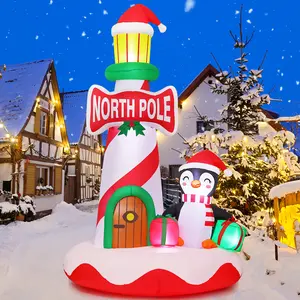 GOOSH 10 FT Christmas Inflatables Lighthouse Decorations with Built-in LEDs & Penguin for Garden Lawn Indoor Party Festive Yard Decor