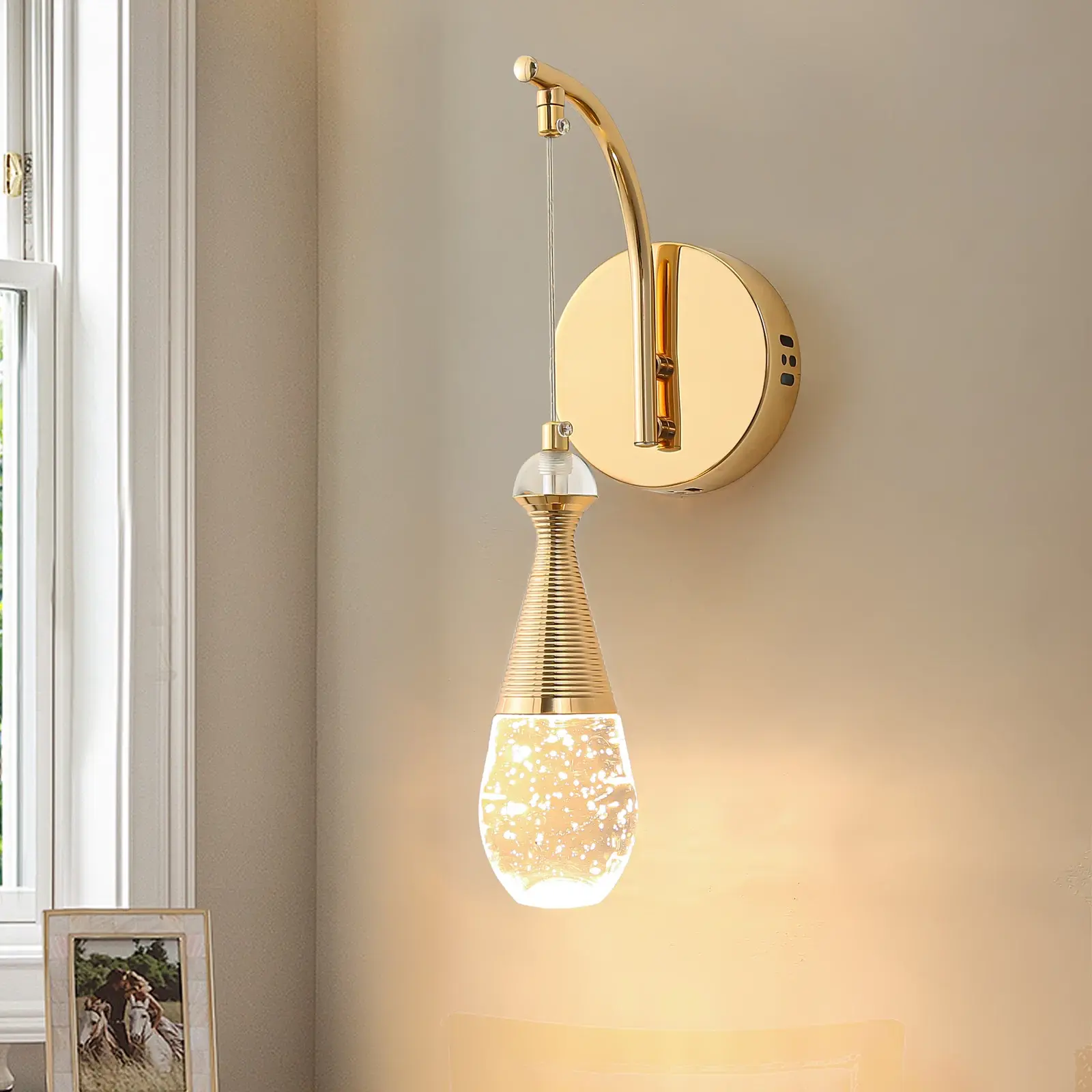 Garwarm Modern LED Gold Crystal Wall Lamps, Water Drop Mid-Century Wall Mounted Lighting Fixture, 7W Indoor Wall Sconces for Home Bathroom Mirror Living Room Bedroom Bedside Vanity (3500K, 1 Pack)