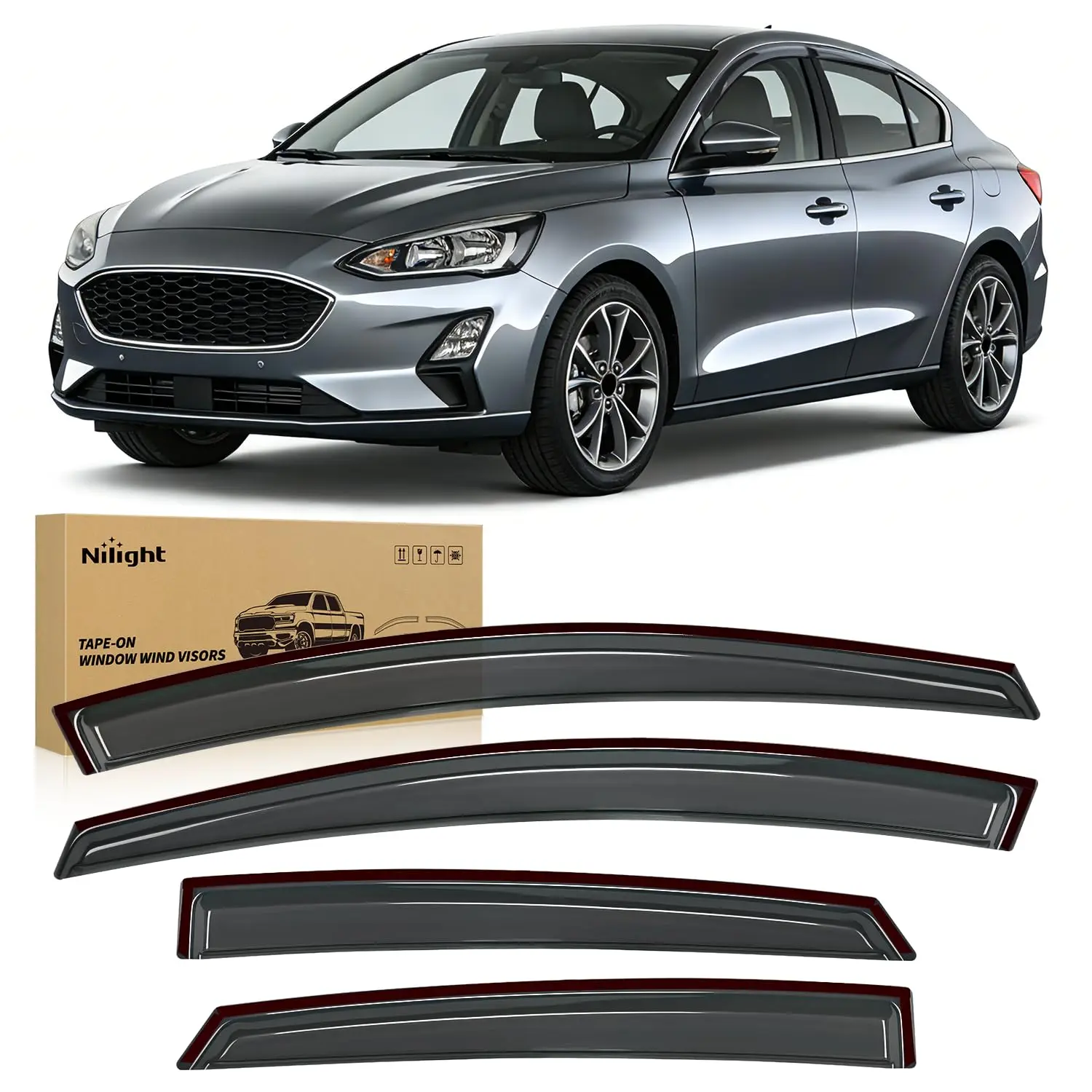 Nilight Tape-On Side Window Rain Guards Deflectors for Ford Focus Sedan 2012-2018 (Not for Hatchback), Smoke Tint Vent Visors, Stick-On, 4PCS, Deflector, Focus 2012-2018