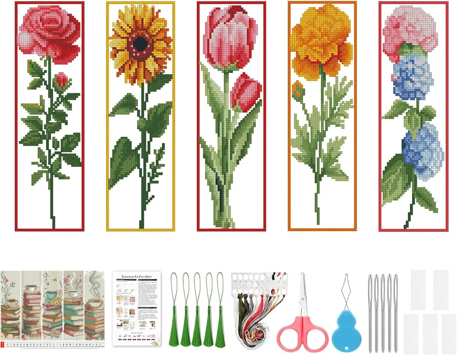 5 Pcs Flower Cross Stitch Kits for Beginners,Floral Stamped Cross Stitch Kits Bookmarks for Women,14 CT Cross Stitch Embroidery Kit for Beginners Crafts for Adults