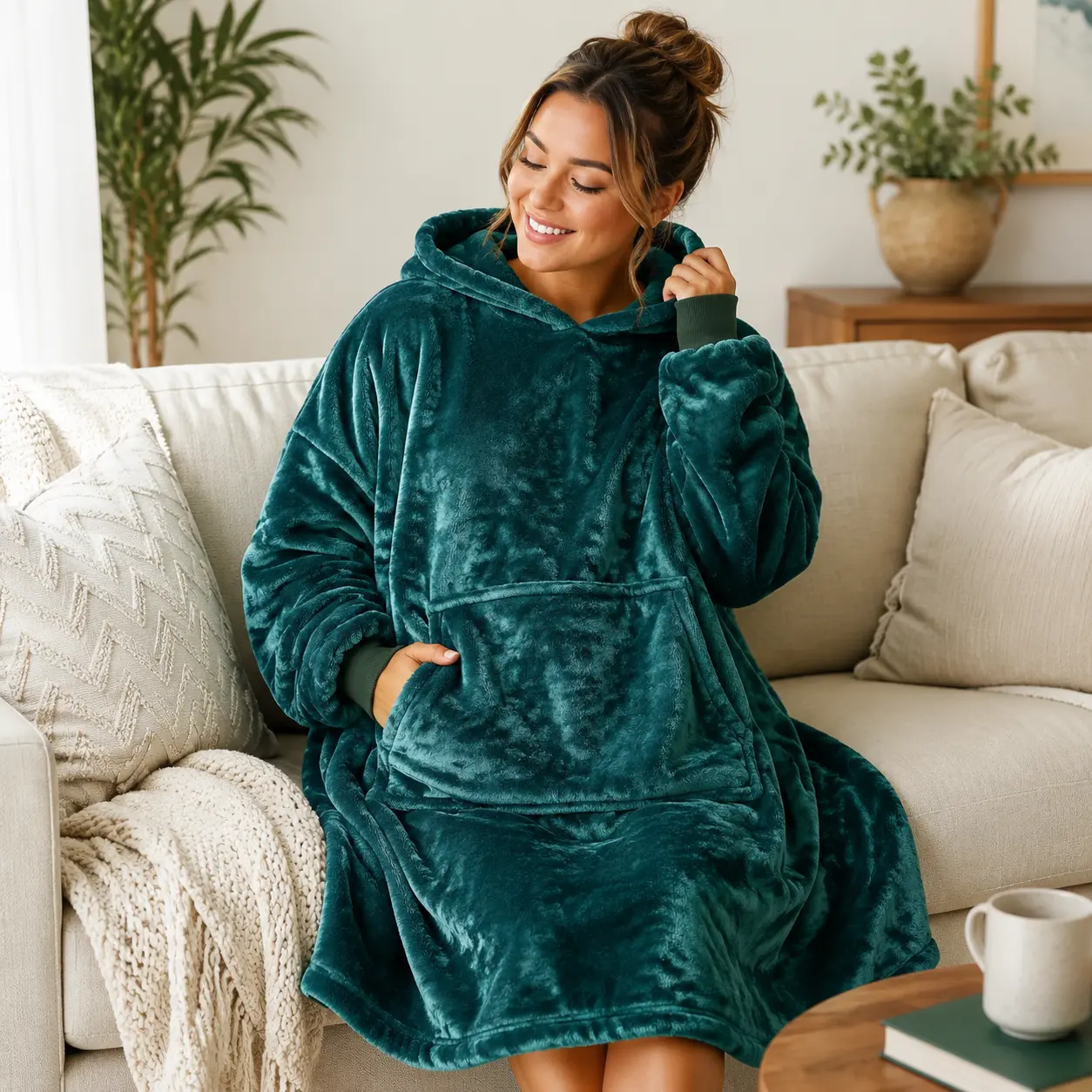 Oversized Wearable Blanket Hoodie for Adults, Ultra-Soft Plush Fleece Hooded Sweatshirt with Giant Pocket and Ribbed Cuffs, Unisex Large，120cm-47.2in