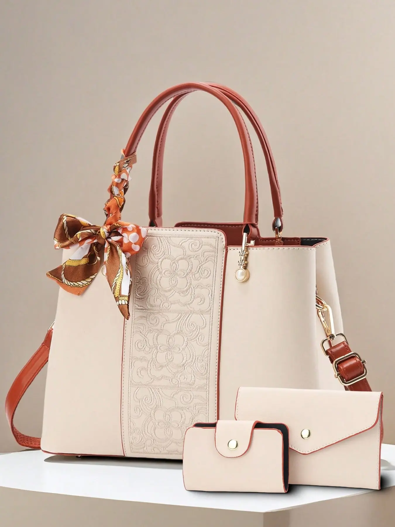 Women's Chic Embroidery Fashion Bag Set, Geometric Pattern PU Material Crossbody Shoulder Bags, All-Season Casual Style Accessories, Adjustable Crossbody Bag