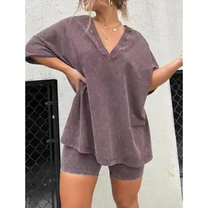 Women Washed 2 Piece SetLounge Set Oversized TopsBiker Shorts V Neck Drop