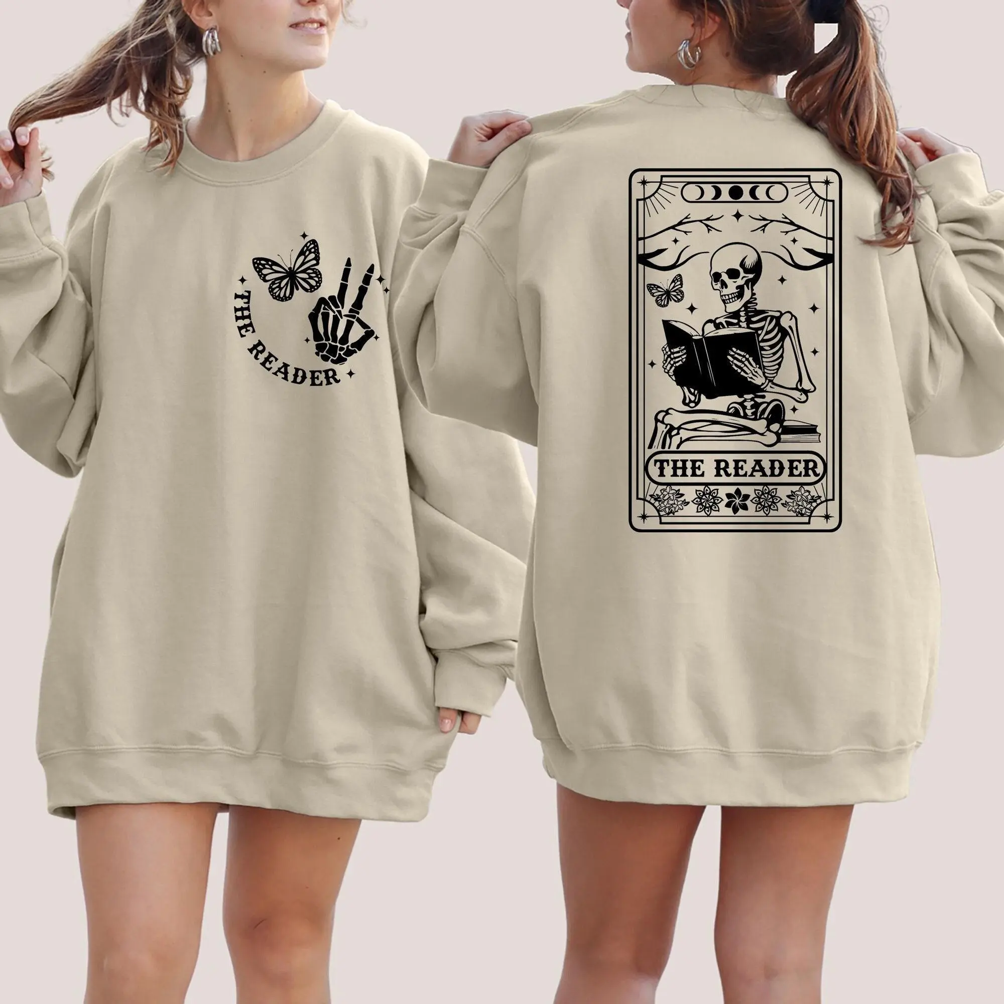 Gildan Women's Oversized Sweatshirt, Long Sleeve Pullover with Skeleton Tarot Card Graphic, Comfortable Cotton Blend Top for Book Lovers, Longsleeves