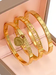3 Piece 18k Gold Plated Stainless Steel Stackable Bangles, Roman Numeral Heart Design, Unisex Casual Jewelry for All Seasons